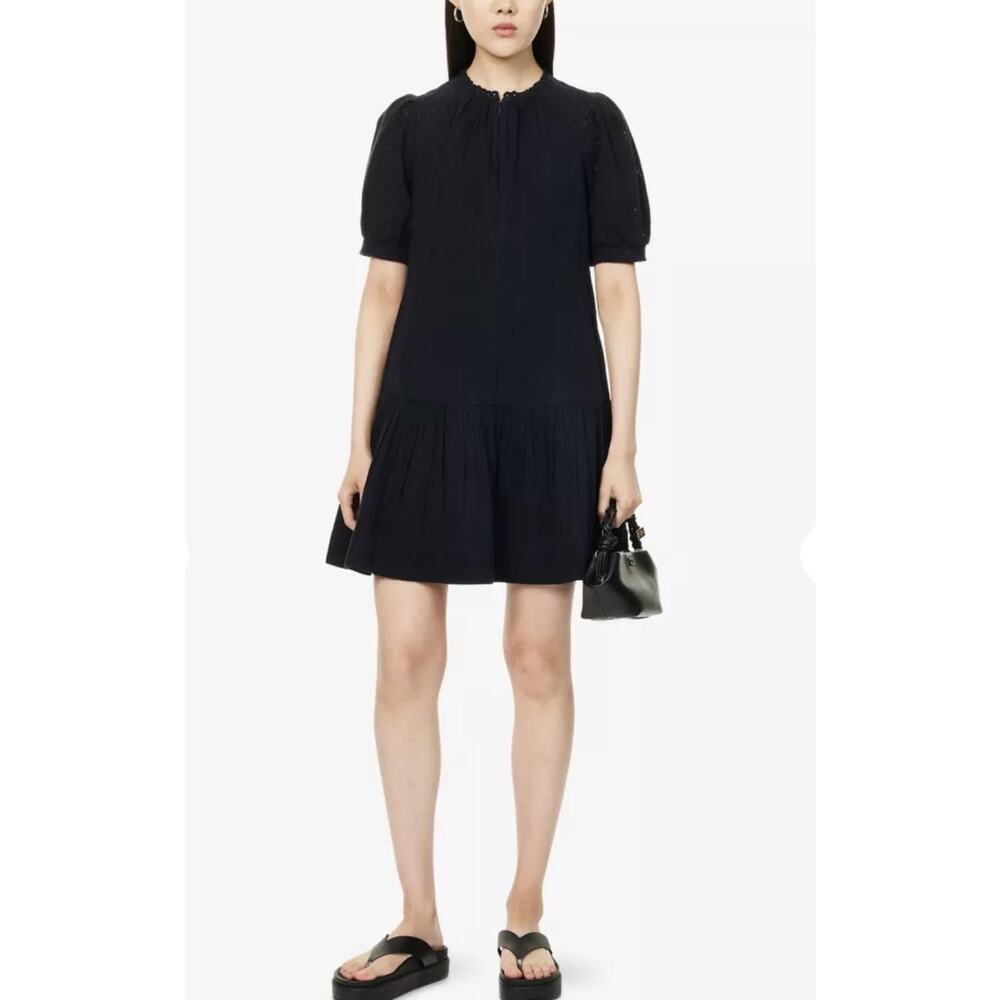 ME+EM Dress Womens 8 Navy Embroidered Puff Sleeve Cotton Tiered Mini Shift
